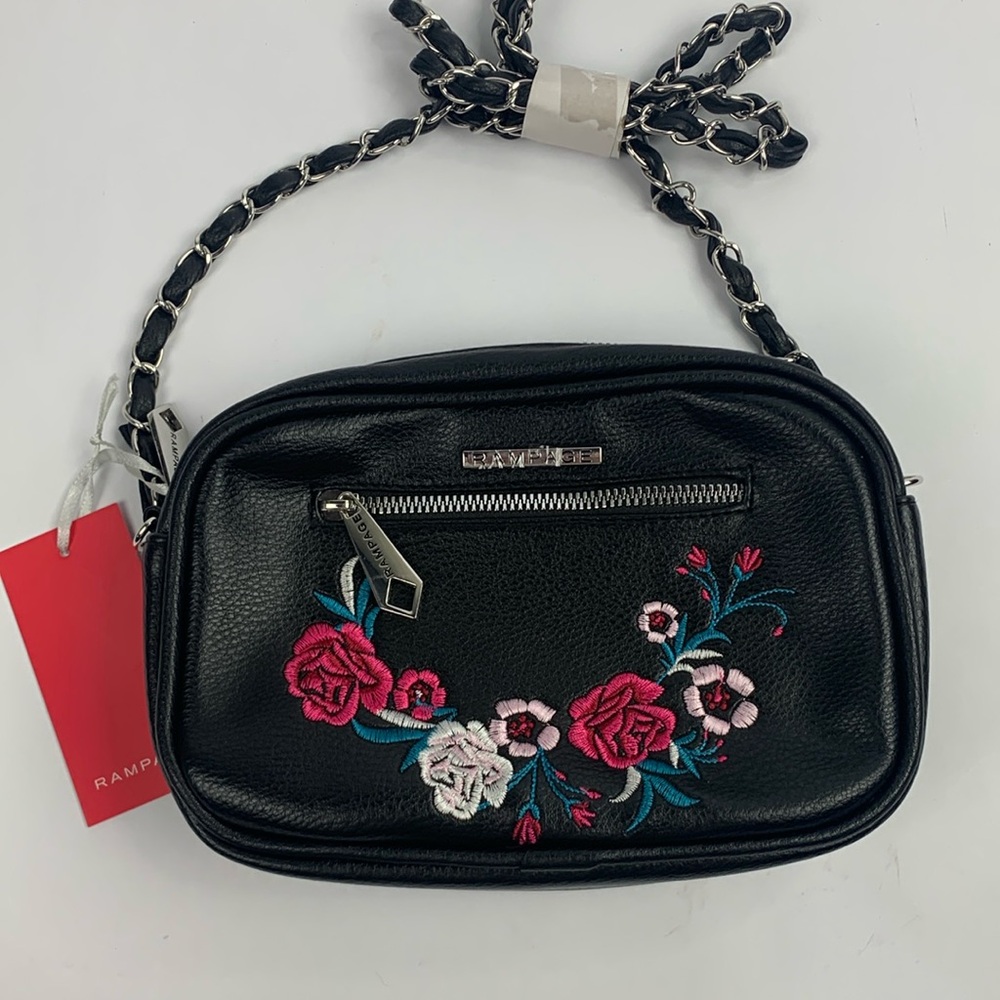 Rampage Black Crossbody Bag Pink floral Embroidered Chain strap Zip close NWT
